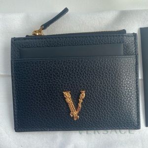 Versace Virtus logo Authentic Leather Cardholder Wallet Black Gold